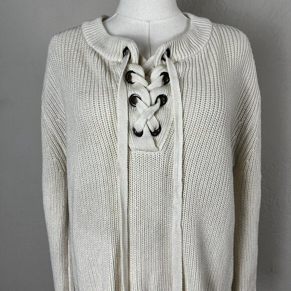 JOA Sweater Ivory Cream White Lace Up Corset Grommet Boho Chunky Knit Sz Medium - Picture 2 of 11